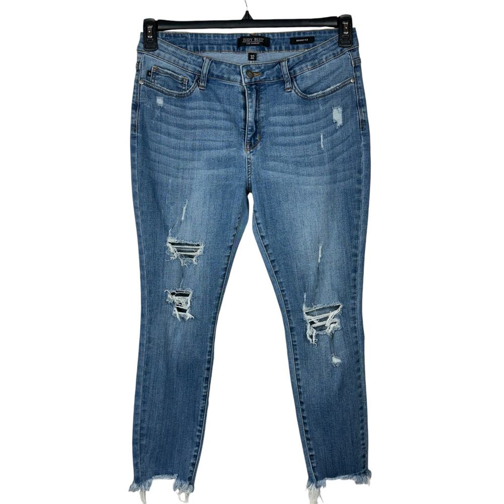 Judy Blue SZ 32 Skinny Fit Jeans Distressed Mid-Rise Stretch Zip-Fly Frayed Hems